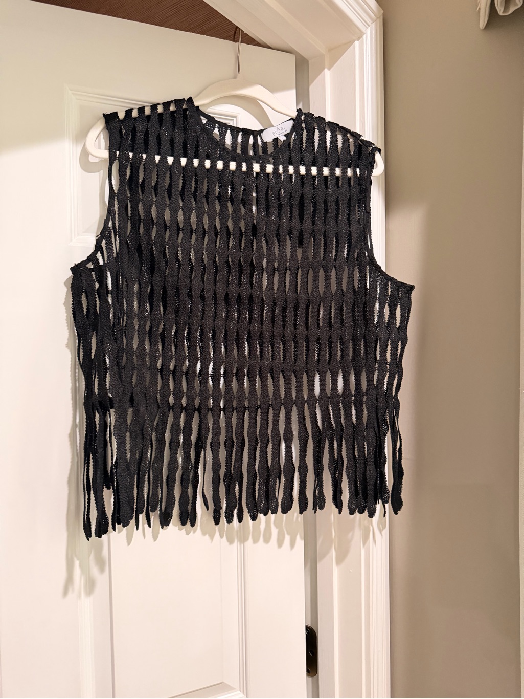 Pearl Black Open-Weave Crochet Fringe Tank Top